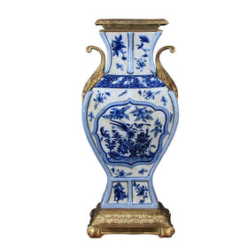Antique Chinese Blue White Porcelain Tabletop Vase Hand-Painted New Ceramic Inlaid Copper Classical Design Living Room ZHUODI