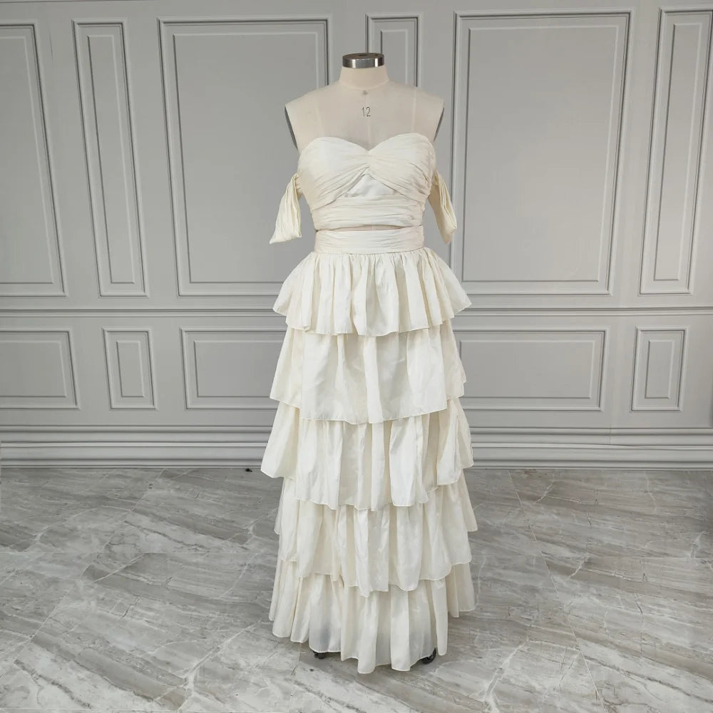 Real Photos Vintage Off Shoulder High Quality Tiered Taffeta Ball Gown Wedding Dress Elegant Women Bridal Dress Wedding15408