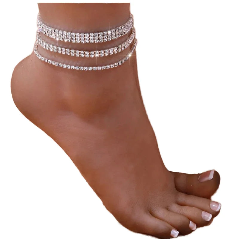 Luxury 18K Gold Silver Elastic Tennis Bracelet Anklets Crystal Link Chain Ankle Jewelry with Rhinestone Brass Material for Women