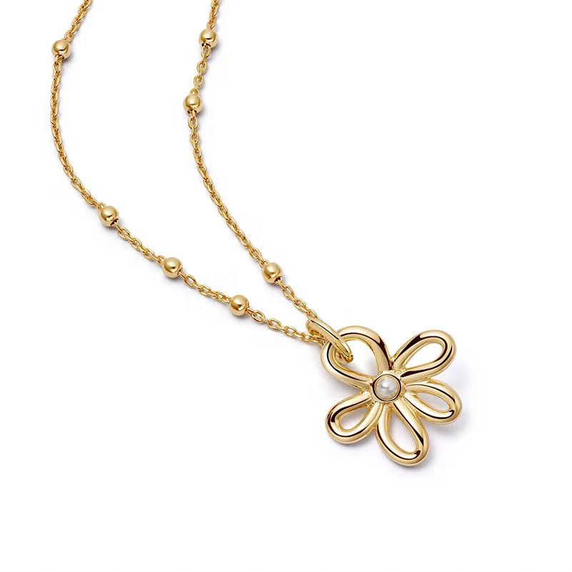 LOZRUNVE 925 Sterling Silver Sweet Fashion Gold Plated Pearl Flower Charm Beaded Necklace