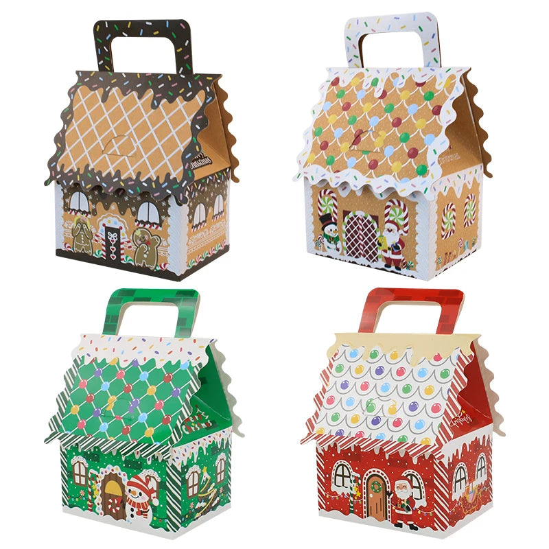 Christmas Handle House Shape Recyclable Kraft Paper Gift Boxes for Candy Sugar Cookie-Food-Safe Packaging