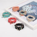 8pcs/pack Bohemian Stackable Crystal Glass Beads Jewelry for Women Multilayer Stretch Bangles Set Statement Tassel Silver Plated