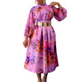 _ Women Printed Dress a Line Pleated Long Lantern Sleeves With Waist Belt Retro Elegant Office Lady Classy Date Out Dress