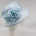 Fashion Women light Blue Sinamay Mesh Veil Church Hat Kentucky Derby Dress Cloche Sun Fascinator Floral Tea Party Wedding Hats