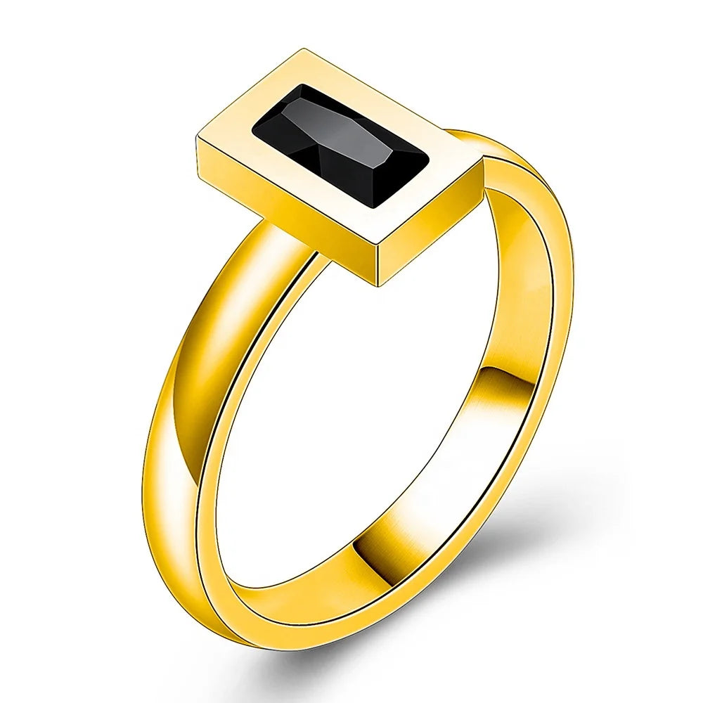MECYLIFE Black Gemstone Ring Wedding Ring Stainless Steel Jewelry Women Fashion Minimalist Jewelry