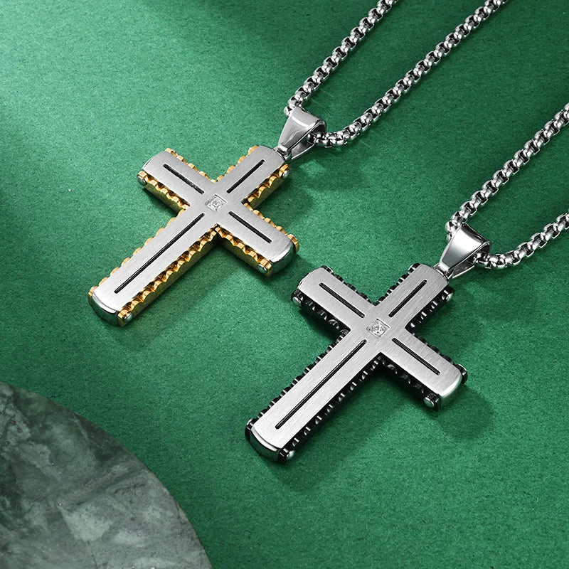 New Product Ideas Stainless Steel Two-tone Rhinestone Inlay Cross Pendant Necklace Accessories Jewelry Daily Use for Men
