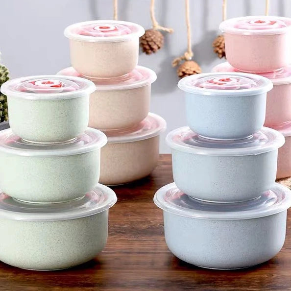 3pcs a Set Wheat Straw Eco Friendly 300ml 500ml 900ml With Date Pointer Food Storage&Container Bowl With Lid
