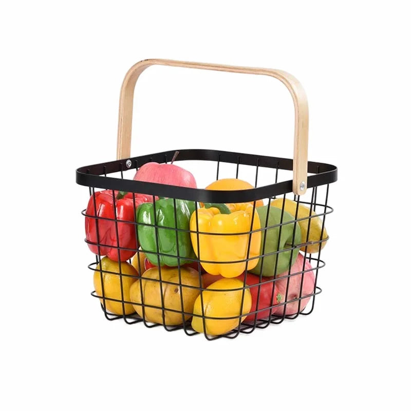 Modern Creative Kitchen Storage Metal Wire Fruit Basket with Wooden Handle