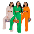 Women Solid Color Loose Women Sets Long Sleeve Crop Top Shirt Wide Leg Pants Custom Logo Two Piece Set Women Clothing