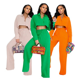 Women Solid Color Loose Women Sets Long Sleeve Crop Top Shirt Wide Leg Pants Custom Logo Two Piece Set Women Clothing
