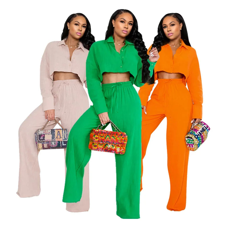 Women Solid Color Loose Women Sets Long Sleeve Crop Top Shirt Wide Leg Pants Custom Logo Two Piece Set Women Clothing