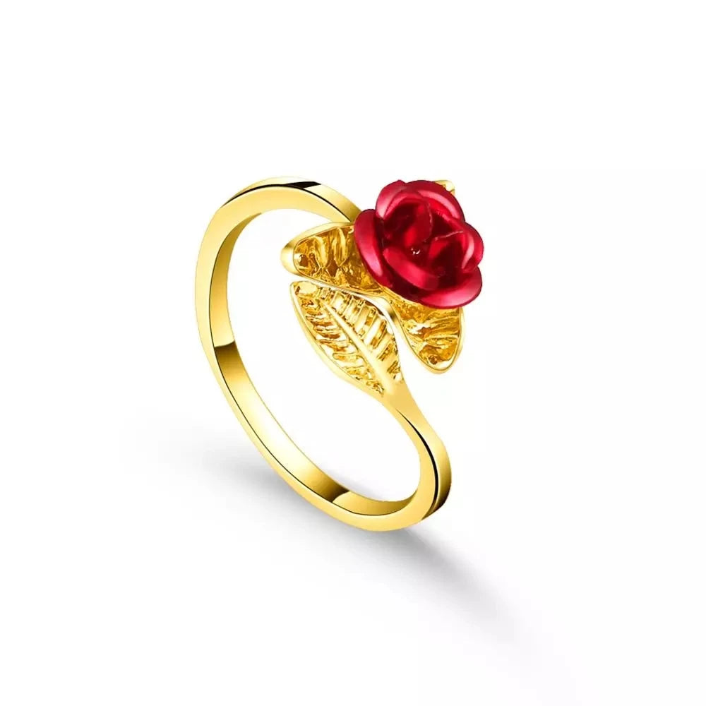 Wholesale Red Rose Garden Flower Leaves Resizable Gold Finger Jewelry Rings for Women