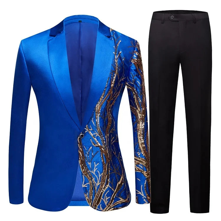 New Men's 2 Pieces Casual Embroidery Sequin Suit Gold Plus Size Anti-Wrinkle Worsted Fabric for Party Wedding Groom Dress Suits