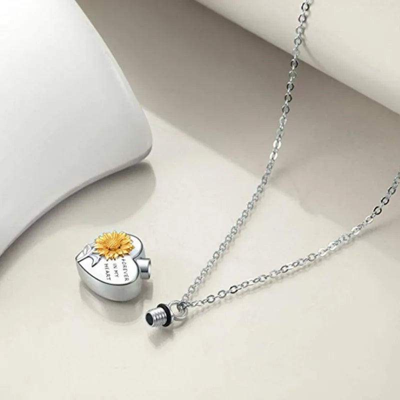 Forever in My Heart Sunflower Urn Necklaces for Ashes  Silver Sunflower Cremation Jewelry for Ash