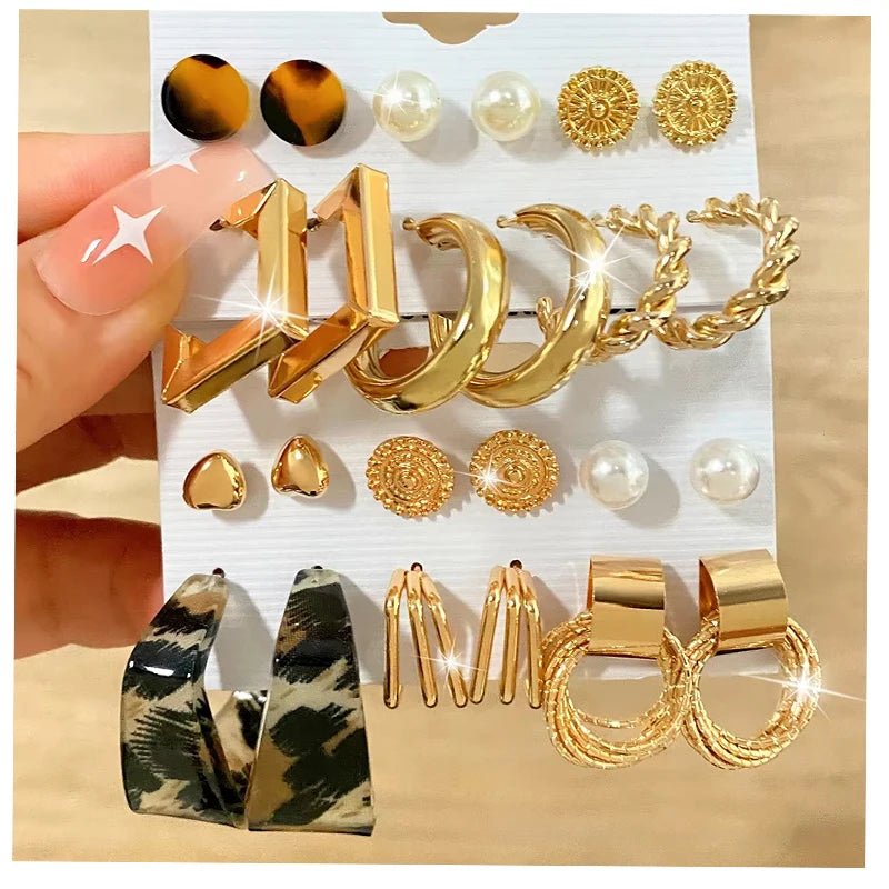 New Fashion Jewelry Bohemian Style Leopard Drop Stud Earring Set Alloy Pearl Big Hoop Earrings Set for Women Jewelry