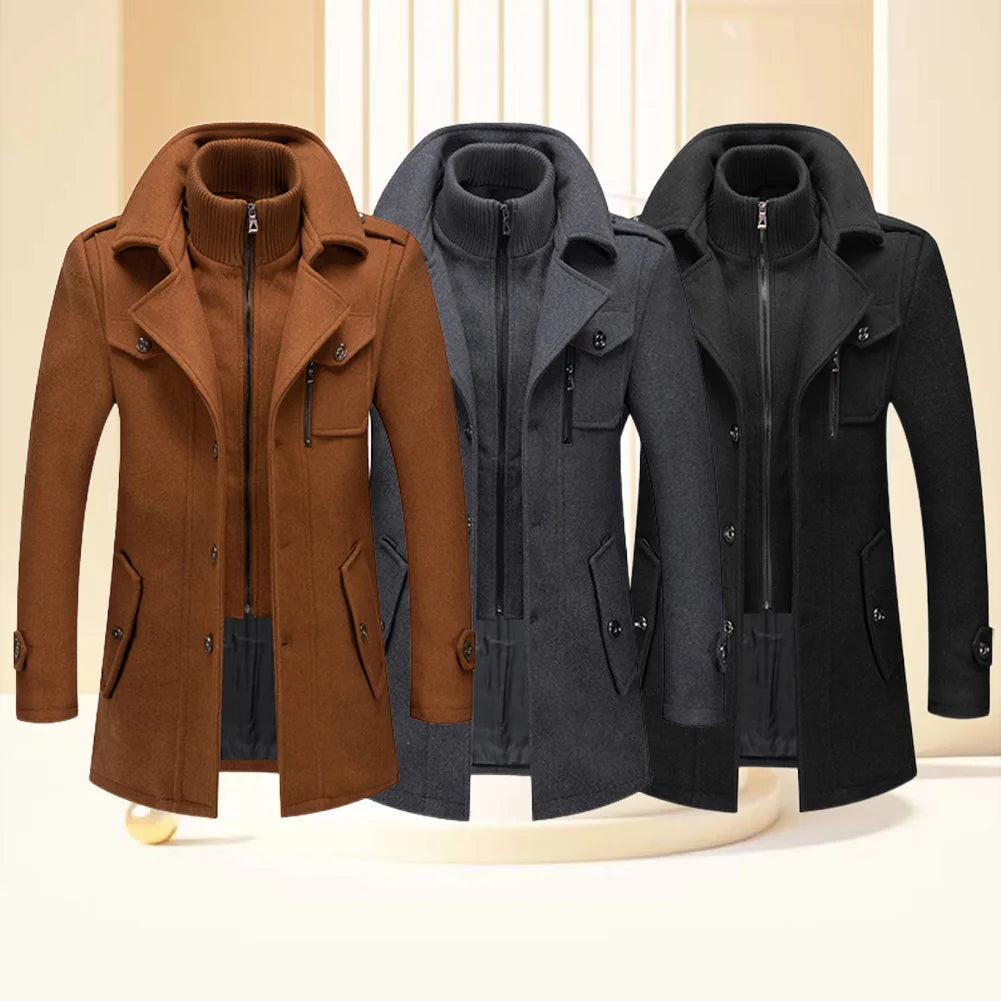 Autumn Winter Stylish New Men's Double Collar Polyester Warm Long Windproof Jacket Plus Size-M-4XL in Grey Black Khaki MegaBDM