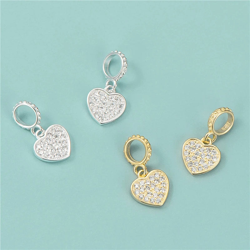 Handmade Kids Gifts Micro Pave Zircon Bead Heart Pendants for Jewelry Making 925 Sterling Silver Diamond Heart Pendant