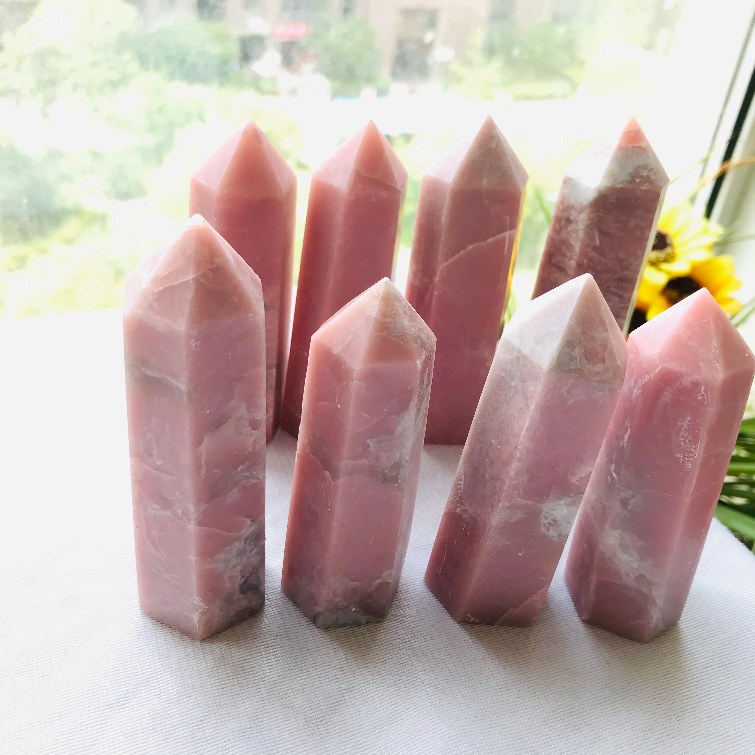 Wholesale Natural Healing Crystal Wand Polished pink Opal Quartz Crystal Point Tower for Sale
