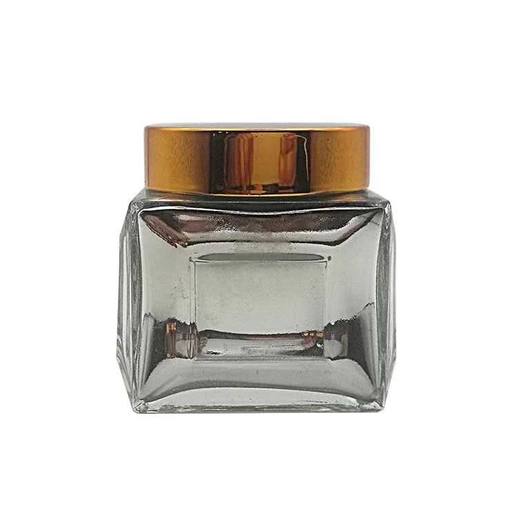 square Skin Care Packaging Cosmetic Plating Jar Empty 1 oz 60ml clear with Gold Black Lid