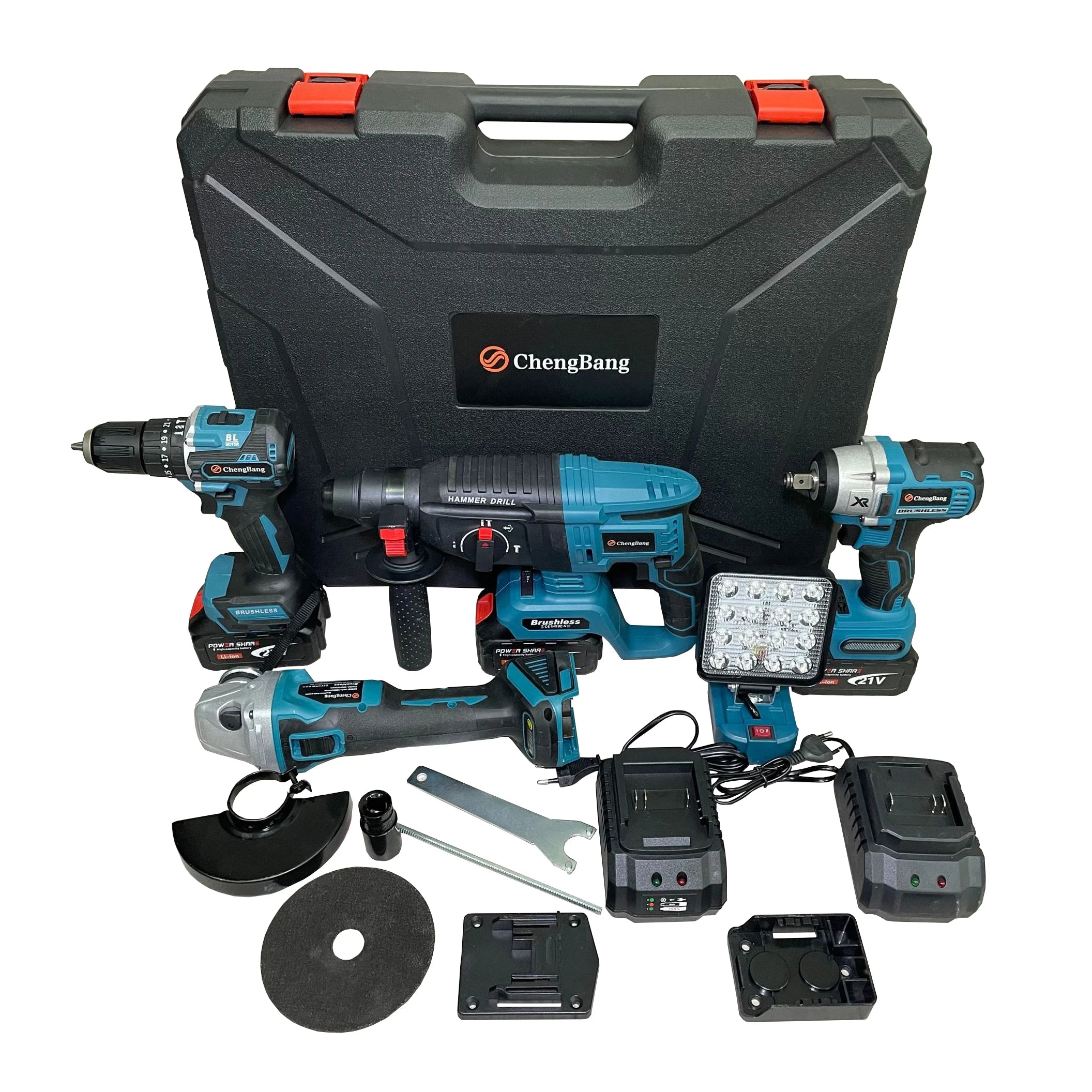 5pcs Set Rechargeable Power Tool Kits Brushless Electric Hammer Impact Drill Angle Grinder Cordless Wrench Portable Battery Lamp