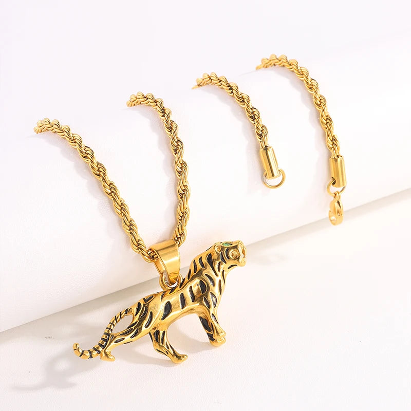 Fashion Gold-plated 18k Stainless Steel Necklace Bengal tiger Pendant Women's Fried Dough Twists Necklace