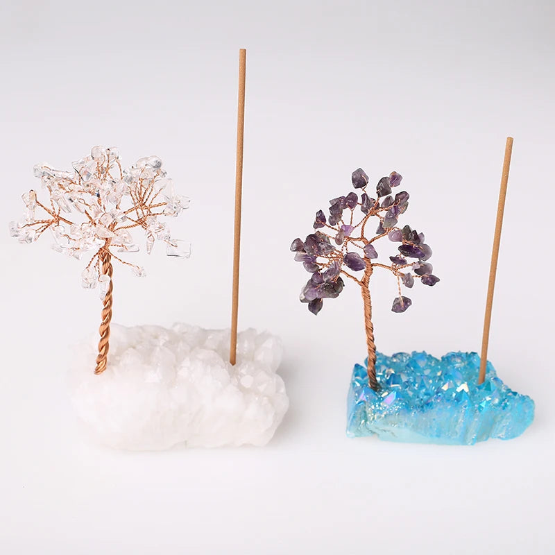 Amethyst Incense Holder and Crystal Tree Holder Handmade Raw Druzy Crystal Cluster for Home Decor Crystal Crafts