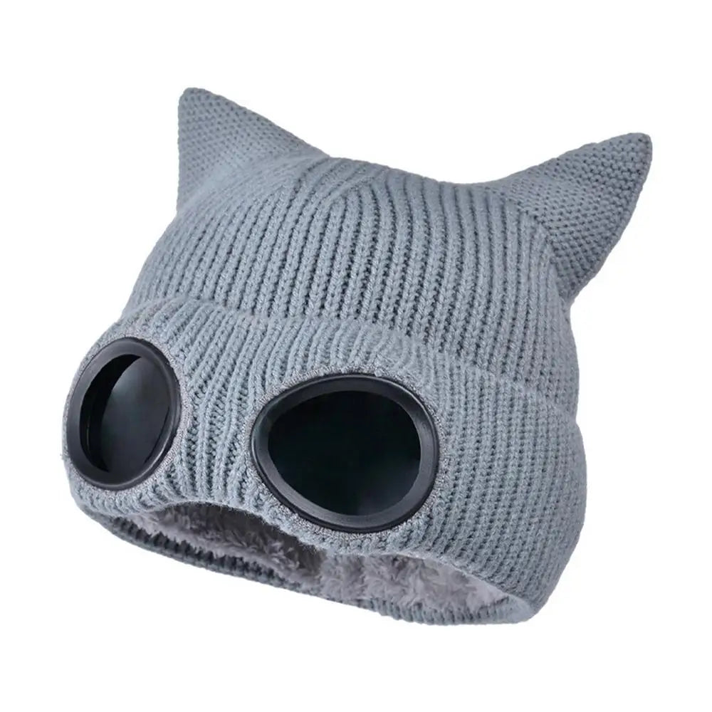 Custom logo Winter Thermal Cat Ears Knitting Cap Ski Beanie With Glasses