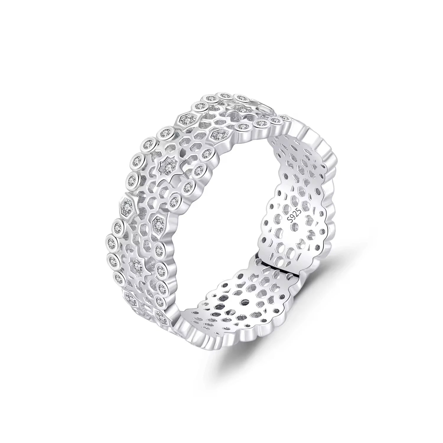 925 Sterling Silver Rhodium Plated Hallow Lace Pattern Stone Honeycomb Wide Ring