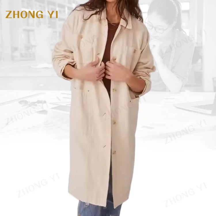 Wholesale Custom Chic Women Long Outerwear Loose Overcoat Spring Autumn Fashion Single Breasted Windbreaker Casual Trench Coat
