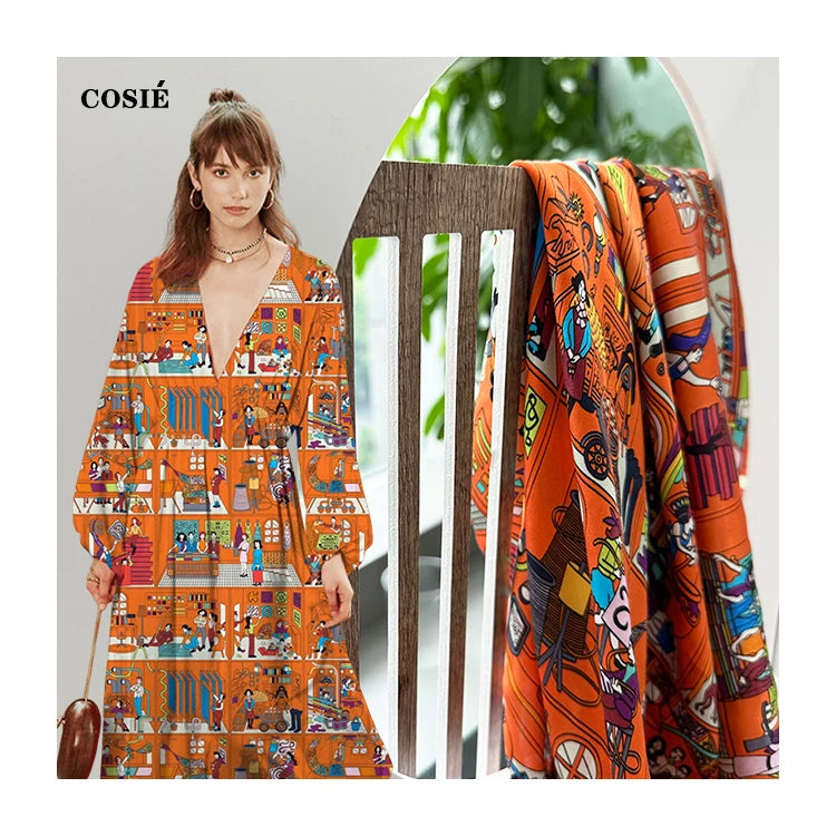 100% Silk Low Moq Custom Design 16mm Momme Natural Luxury Mulberry Silk Digital Print Orange Abstract Pattern by the Meter