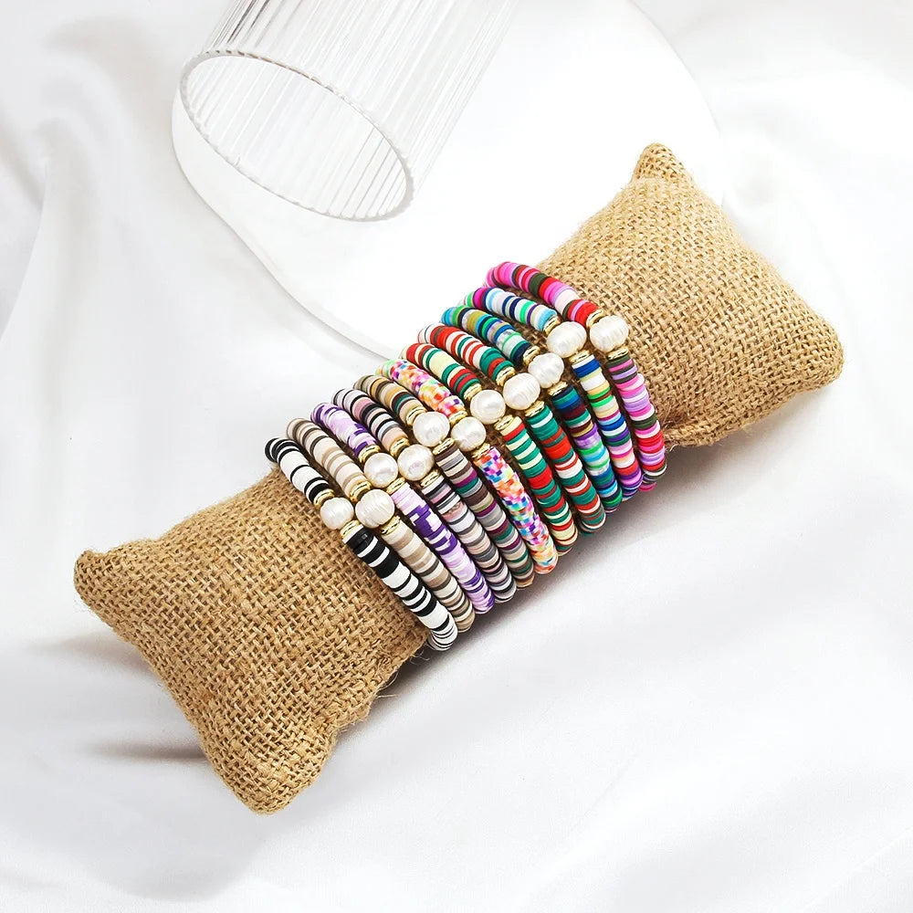 New Bohemian Simple Women Custom Jewelry Mixed Color Stretch Soft Clay Irregular Thread Freshwater Pearl Beaded Elastic Bracelet
