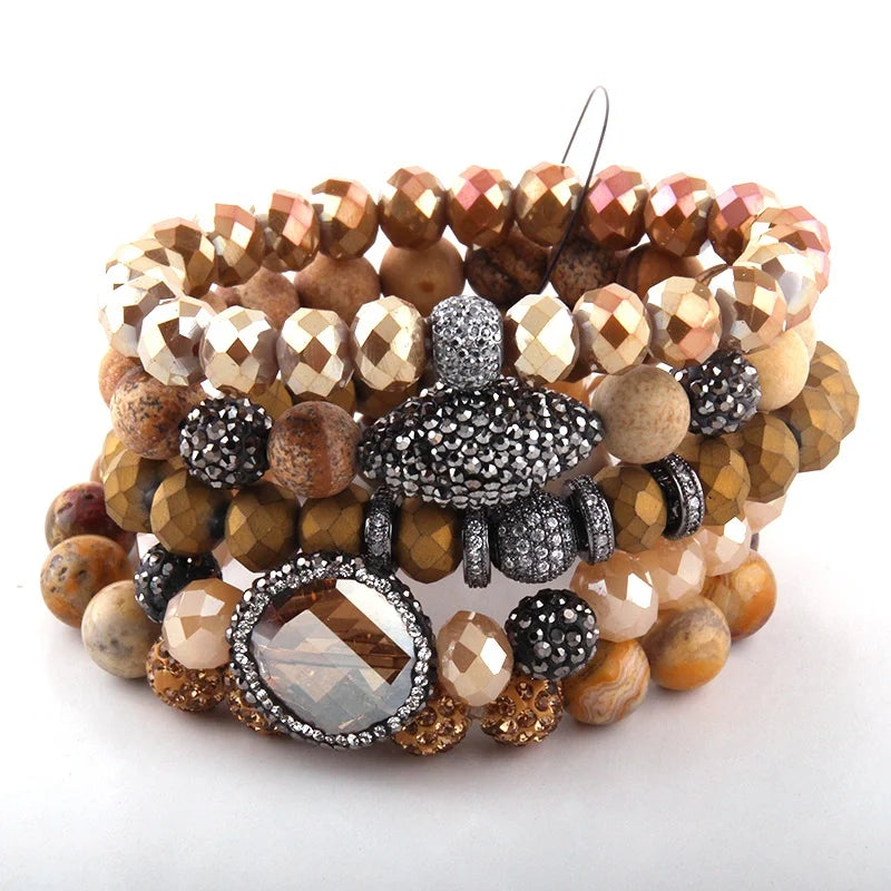 Women Fashion Jewelry Pic Jasper  Bracelet Set Natural Stone Glass Crystal Pave Bracelets Cubic Zircon Druzy Stack Bracelet Set