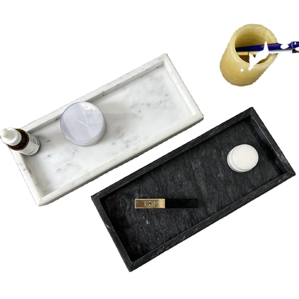 Wholesale Natural Luxury Small Rectangle 13x30cm White Green Marble Stone Serving Trays