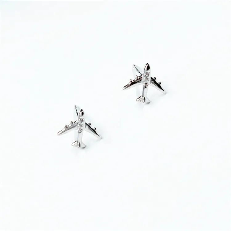 Mini Airline Stewardess Souvenir Cabin Attendant Gifts Aircraft Sterling Silver Crystal Plane Stud Airplane Earrings