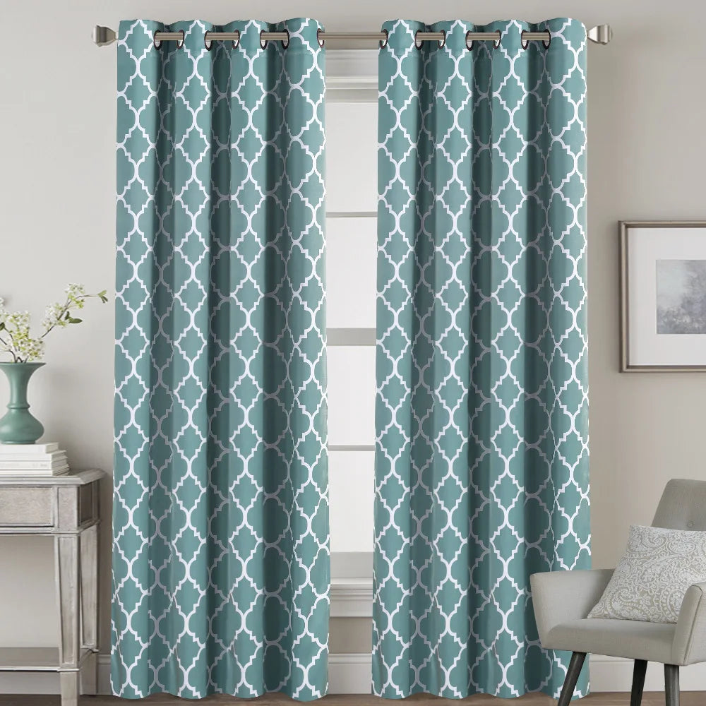 Modern Green Color Sun Blocking Geometric Print Blackout Curtains Set 2 Panels for Bedroom