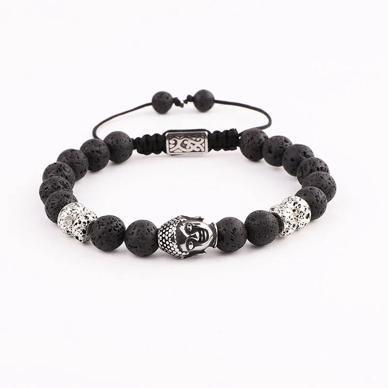 New Fashion Natural Stone Lava Stone Stainless Steel Buddha Adjustable Bracelet Jewelry for Men