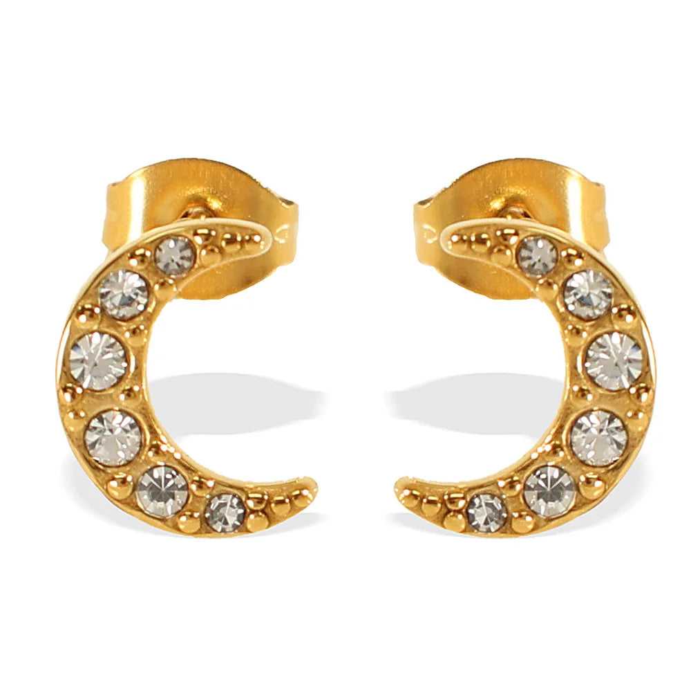INS Korean Moon Stainless Steel Trendy Small Cute Classic Vintage Fashion Jewelry Stud Zircon Earrings for Women