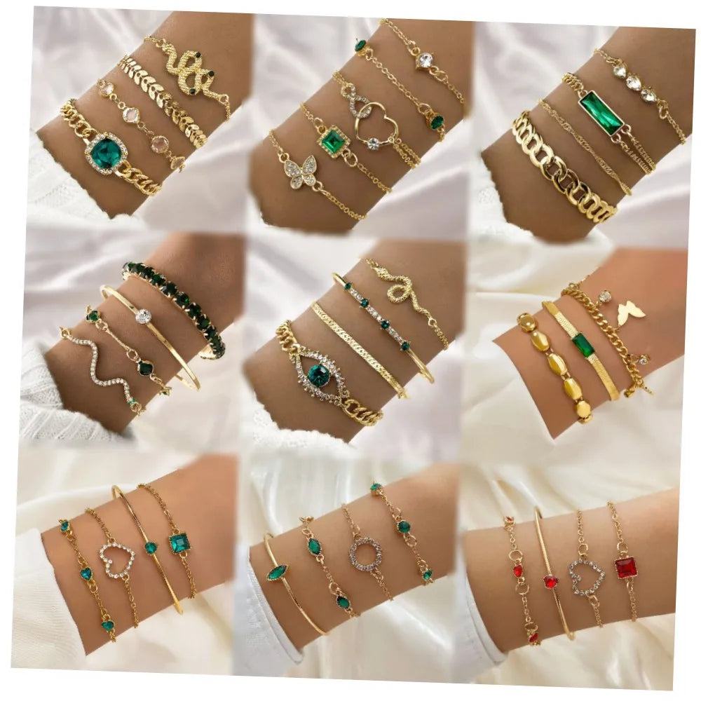 VKME New 4pcs/set Fashion Green Red Stone Diamond Crystal Eye Snake Gold Geometric Chain Bracelet Set for Women Jewelry Gift