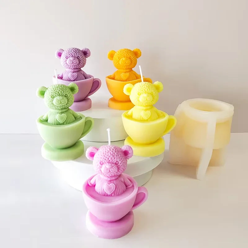 3D Teacup Bear Candle Silicone Molds DIY Ornaments Decor Aromatherapy Handmade Soap Plaster Candle Cute Bear Decoration Mould