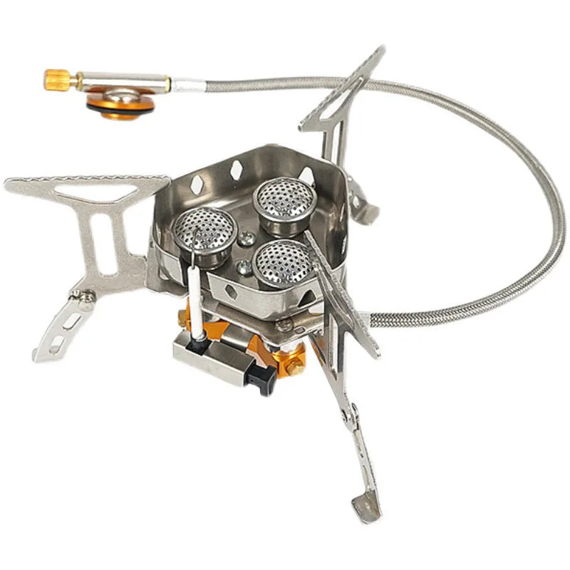 Portable Three-Head Steel Gas Stove for Outdoor Camping and Mountaineering Windproof Design for Self-Driving Tours