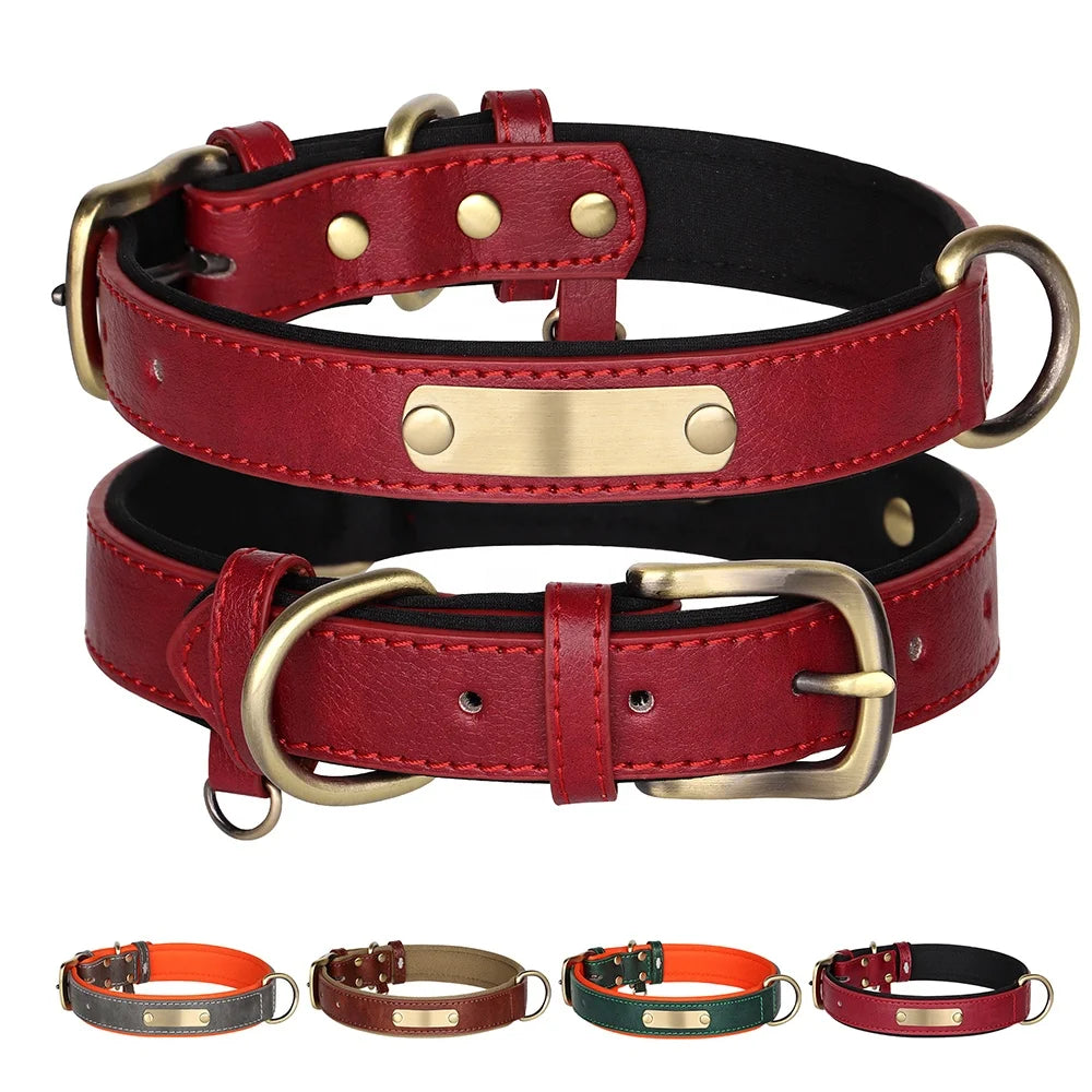 Wholesale Classic Heavy Duty PU Leather Neoprene Luxury Pet Collar Buckle Closure Custom Logo Padded Solid Pattern ID