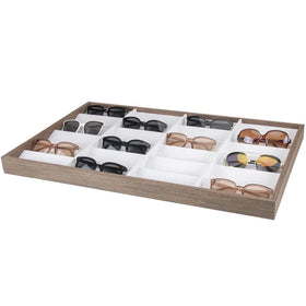 New 24 Slot Black Walnut Veneer Wood Spectacles Glasses Display Tray Organizer Prop