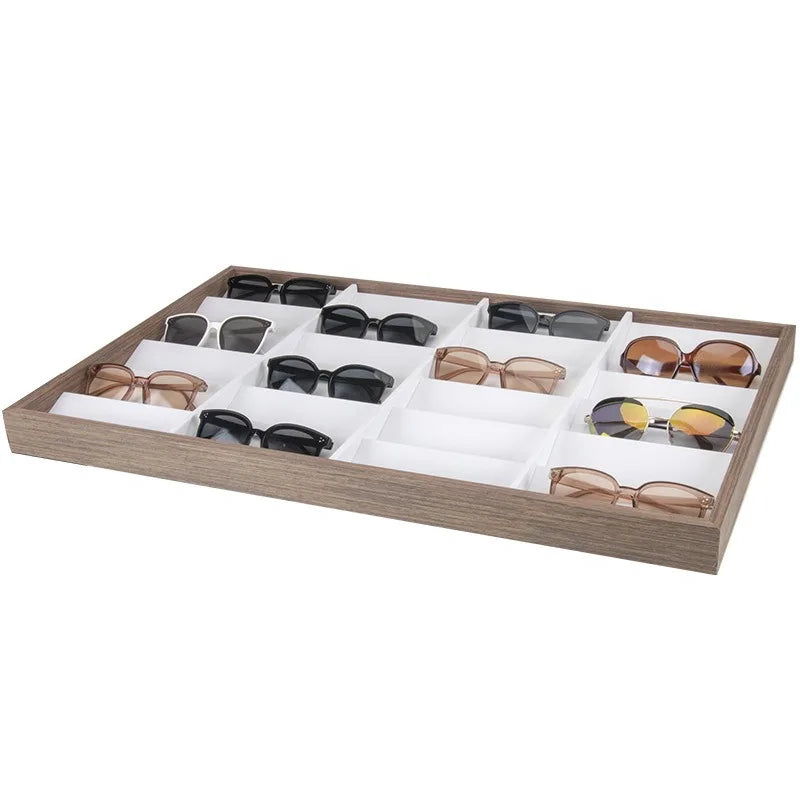 New 24 Slot Black Walnut Veneer Wood Spectacles Glasses Display Tray Organizer Prop