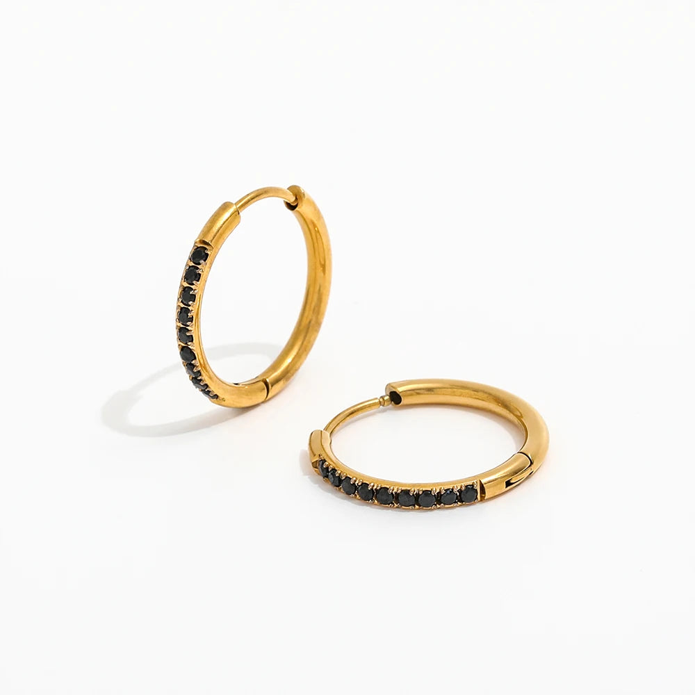 Fenny 18K Gold-plated Wholesale Jewelry Waterproof Fashion Permanent Black Zirconia Huggie Stainless Steel Earring for Women
