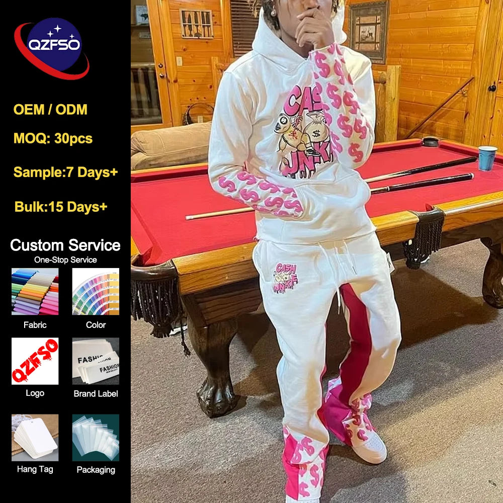 Clothing Manufacturer Mens Tracksuits Jogger Flare Sweatpants and Sweatsuit Unisex Hoddie Custom Puff Printing Logo Hoodie Set