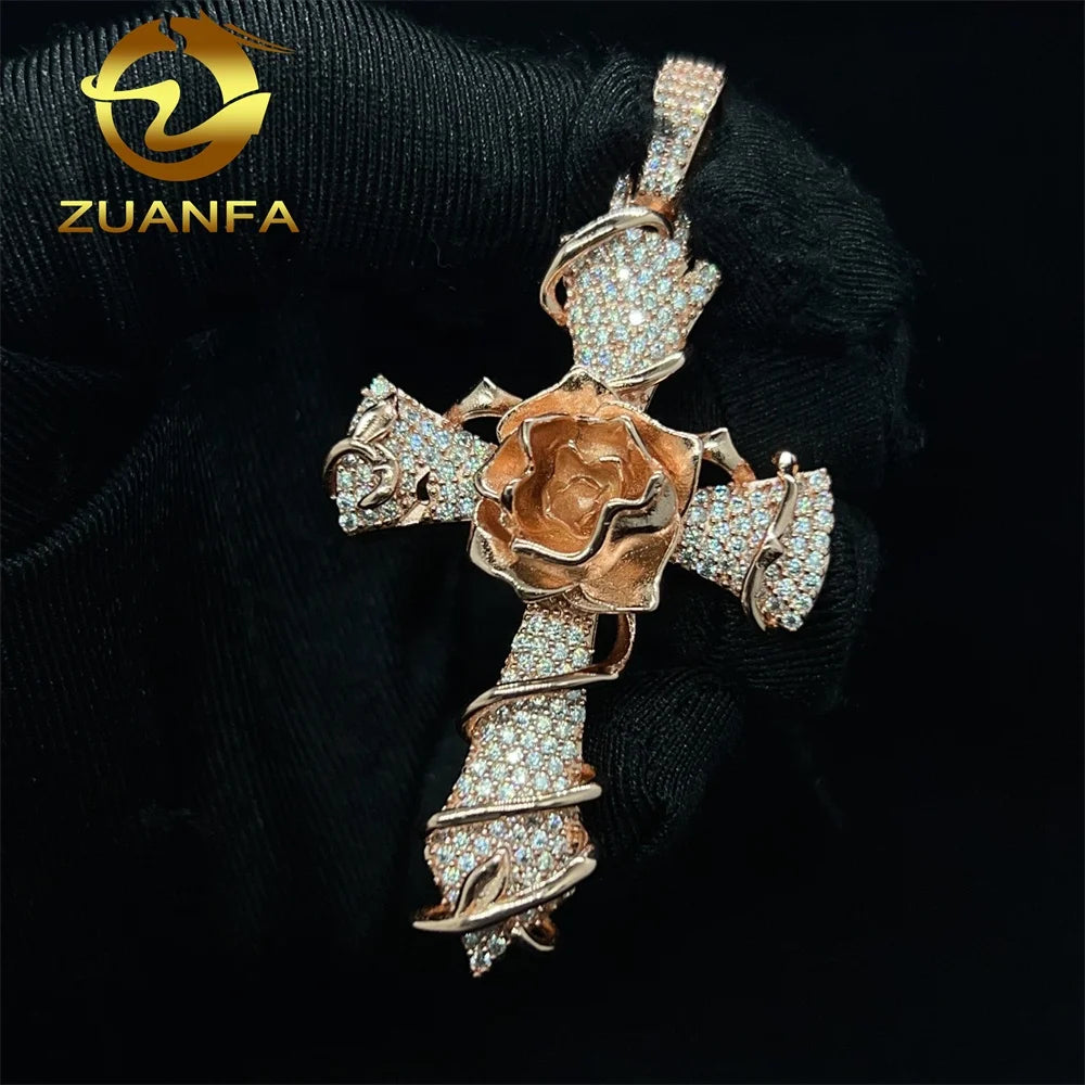 Hip Hop Jewelry Iced Out Custom Mens Pendant 925 Sterling Silver VVS Moissanite Diamond Rose Gold Cross Pendant