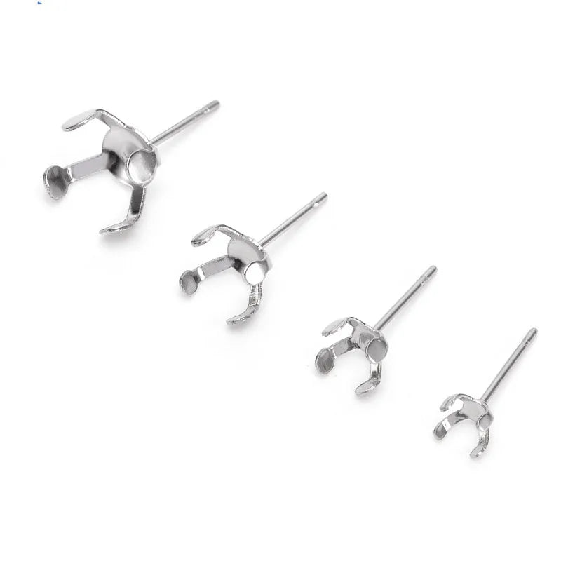 Gold Plated Stainless Steel Prong Earrings Holder Posts Four Claw Stud Earring Base for Pearl Gems Jewelry Making Supplies