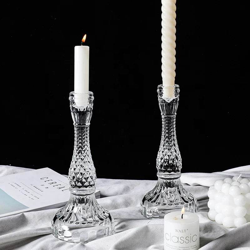 Light Luxury Transparent Clear Romantic Glass Taper Table Candlestick Holder Restaurant Hotel Decoration Stripe Candle Holder