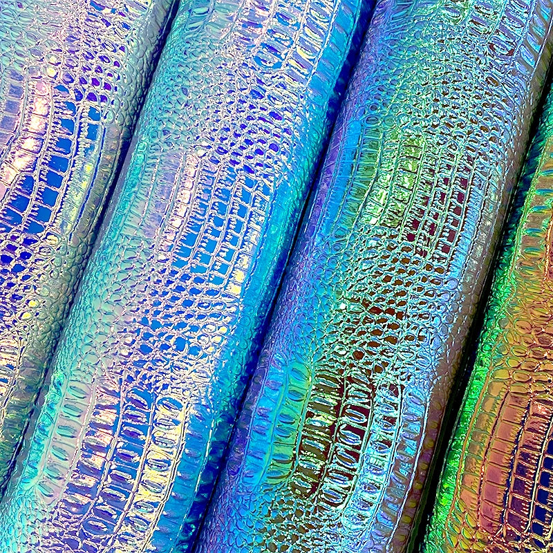 Holographic Reflective Lizard Emboss Cotton Backing Metallic Faux Leather for Making Accessories