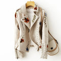 New Women Retro Floral Print Embroidery Faux Soft Leather Jacket Coat Turndown Collar Pu Moto Biker Black Punk Outerwear